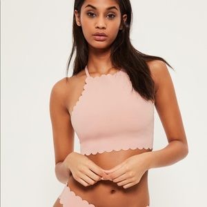 Pink Missguided scalloped halter swim top.